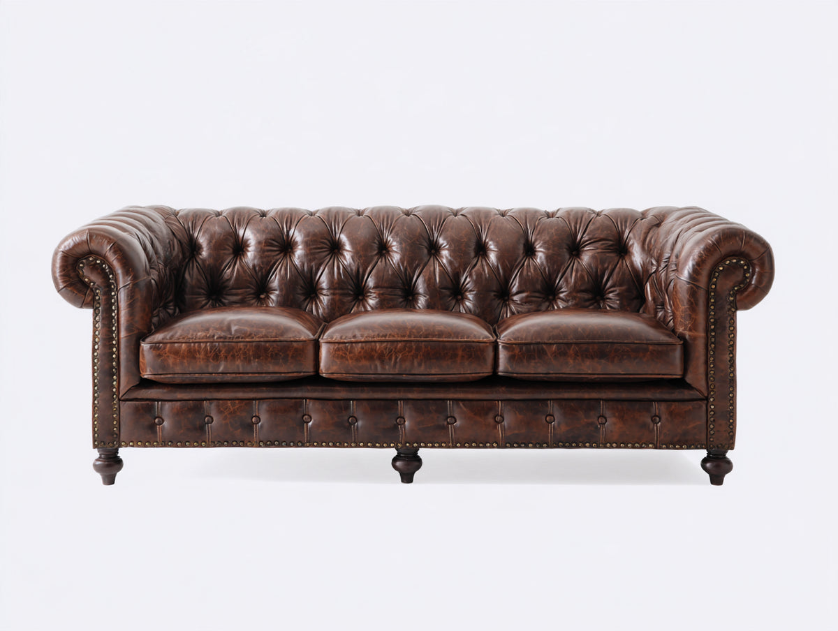 3 Sitzer Sofa mit 3 Sitzpolstern 225x96x78 cm - Dunkelbraun - klassisches Chesterfield-Design