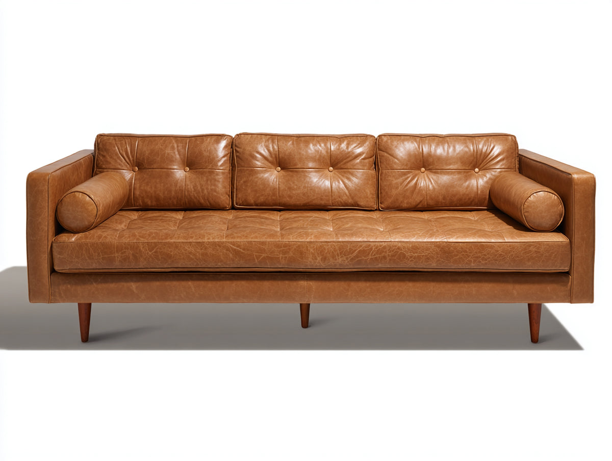 3 Sitzer Sofa mit Lederbezug 230 x 90 x 82 cm - Cognacbraun - modernes Retro Design mit Holzfüßen