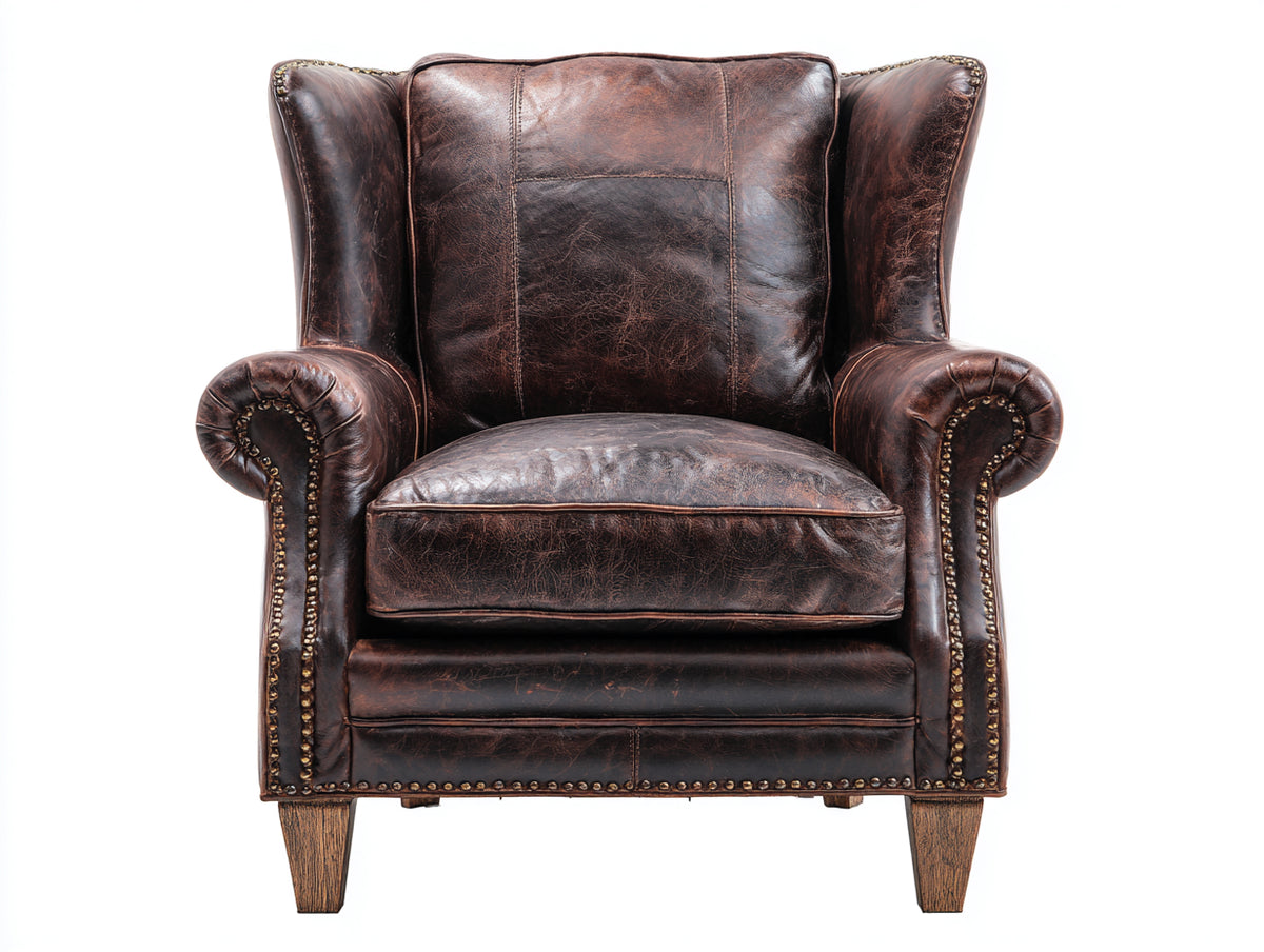 Ledersessel mit hoher Rückenlehne 100 x 92 x 108 cm - Dunkelbraun - klassisches Design mit Metallnagelbesatz