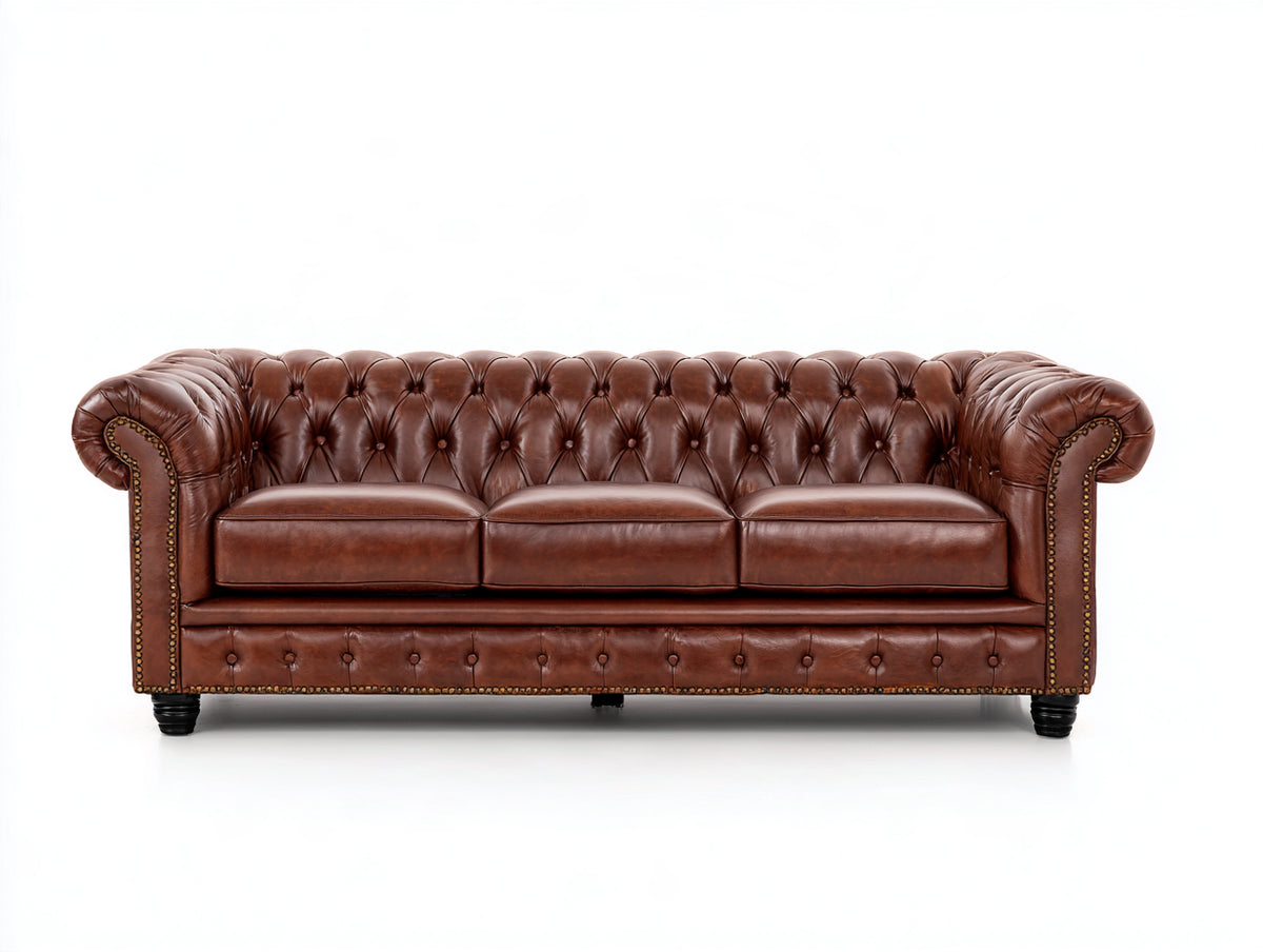 3 Sitzer Sofa Chesterfield gepolstert 220x90x82 cm - Braun - klassische Lederoptik mit Knopfheftung