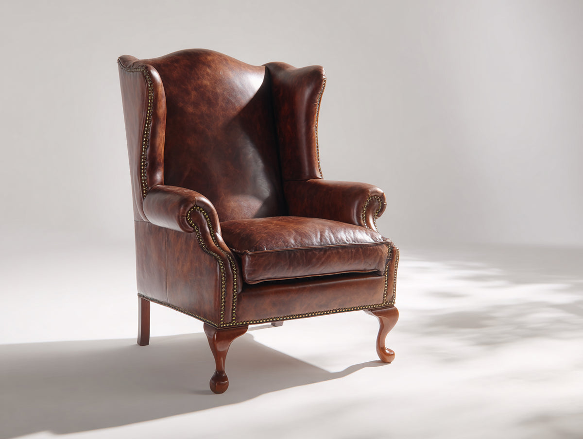 Ledersessel gepolstert 82x88x110 cm - Braun - klassischer Ohrensessel mit hoher Rückenlehne und Ziernieten
