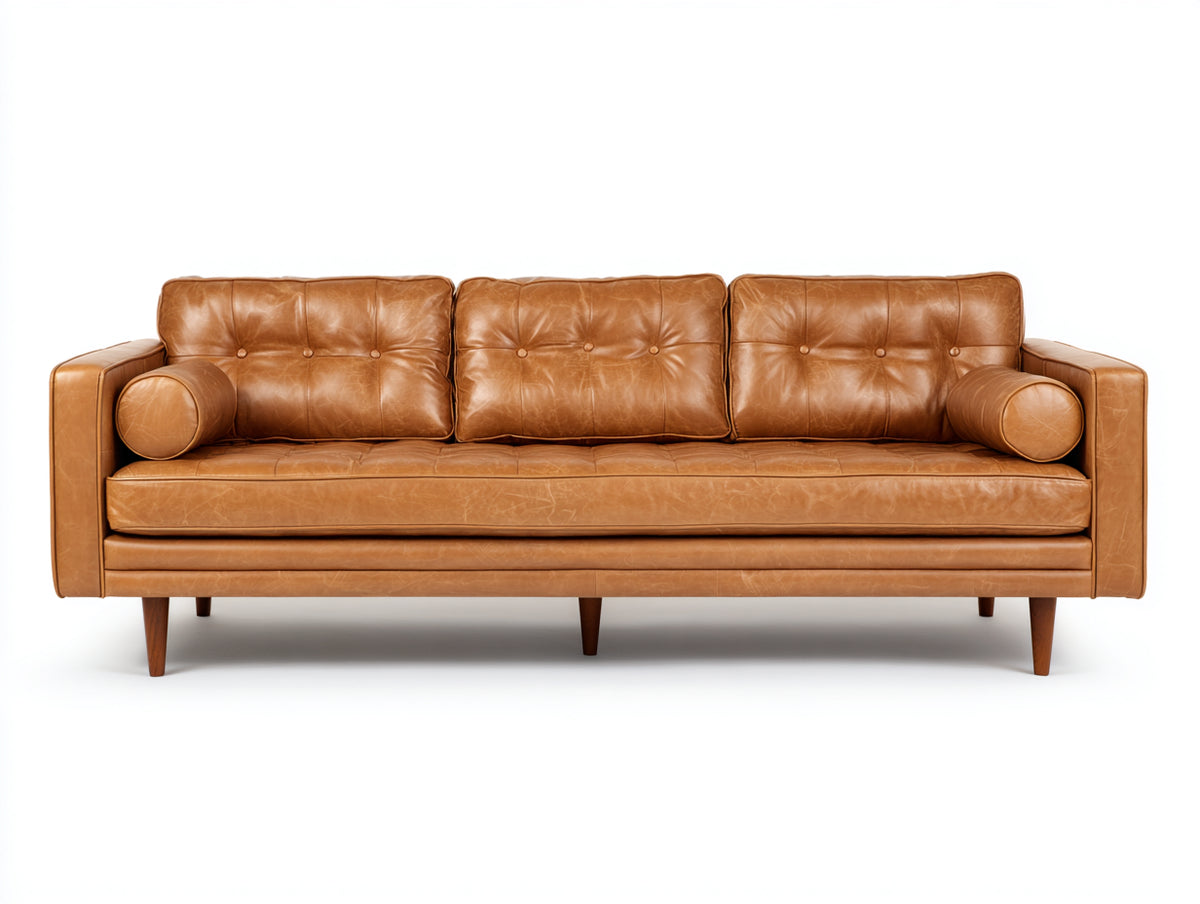 3 Sitzer Sofa gepolstert 220x90x82 cm - Hellbraun - klassisches Ledersofa mit Knopfheftung und geraden Armlehnen