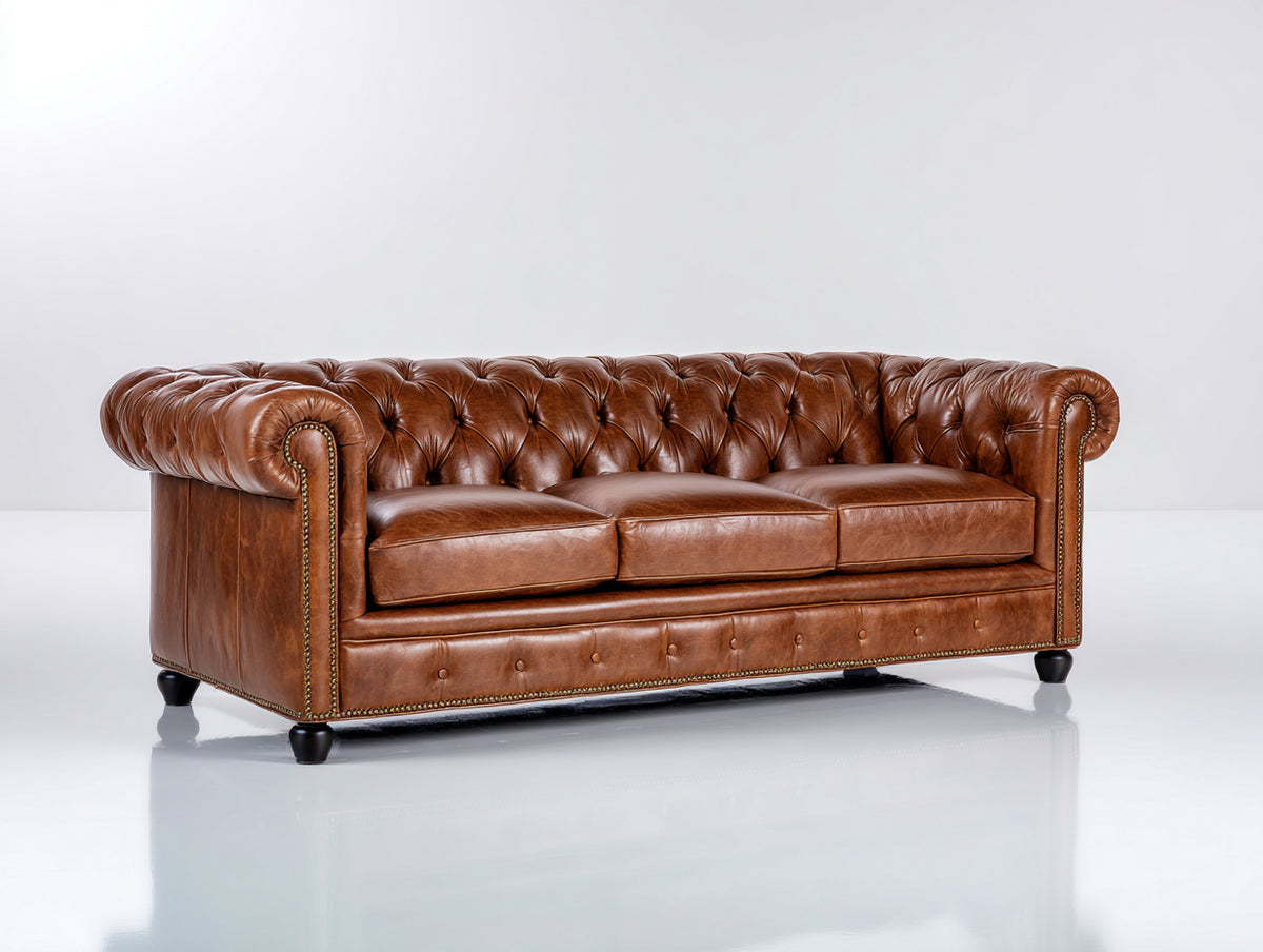 3 Sitzer Sofa mit 3 Sitzpolstern 225x95x78 cm - Cognacbraun-Dunkelbraun - klassisches Chesterfield-Design
