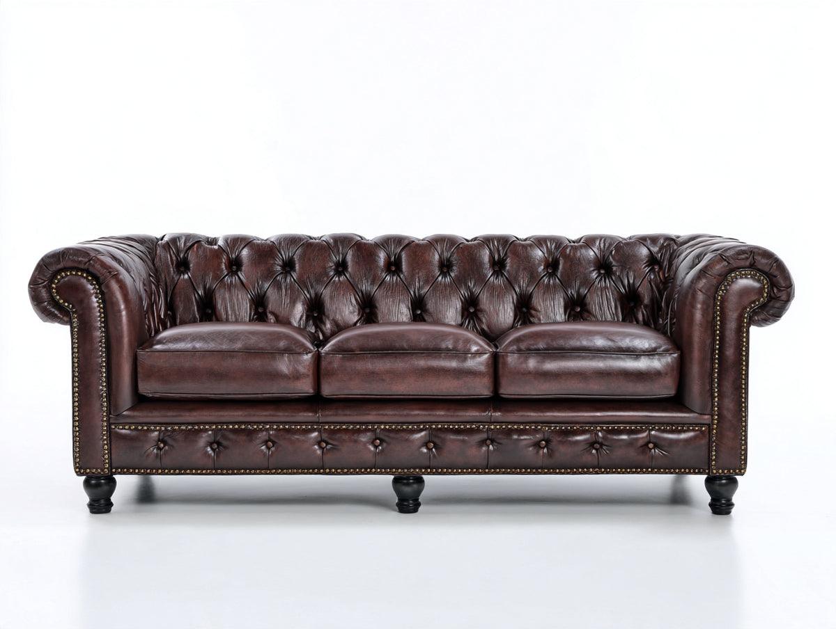 3 Sitzer Sofa mit Lederbezug 235 x 95 x 78 cm - Dunkelbraun - Chesterfield Design mit Knopfheftung