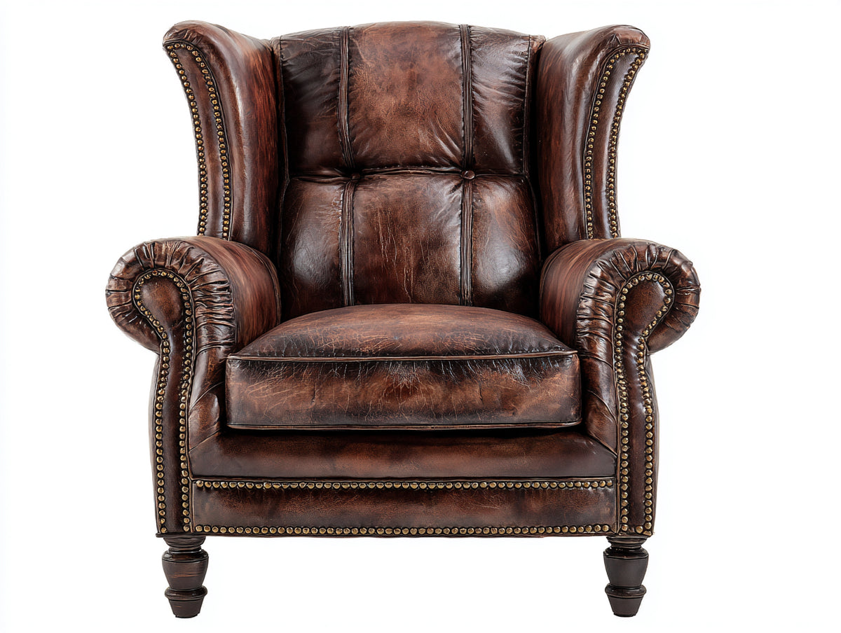 Ledersessel 90x92x112 cm - Dunkelbraun - Klassischer Ohrensessel mit Ziernagelbesatz