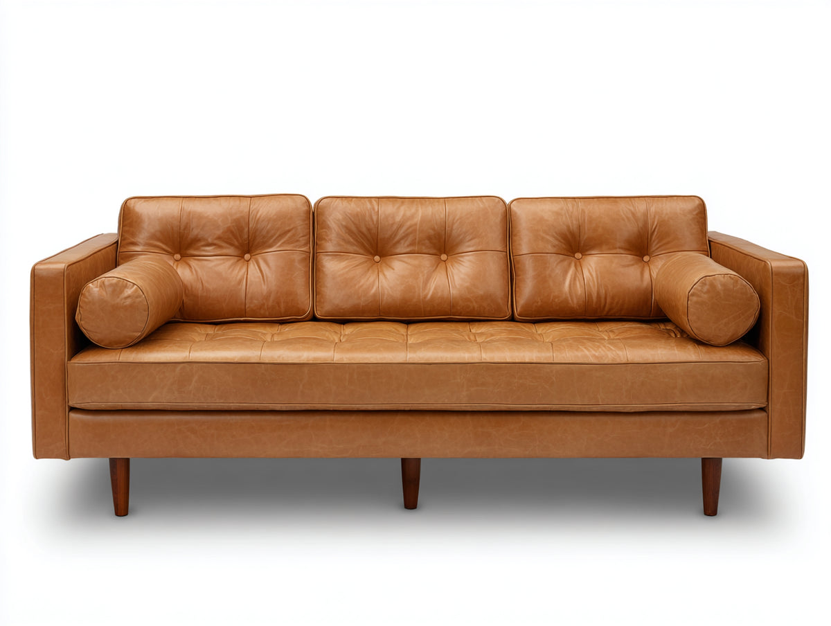 3 Sitzer Sofa Lederoptik ca. 220x90x85 cm - Cognacbraun - Retro Design mit Knopfheftung und Holzbeinen