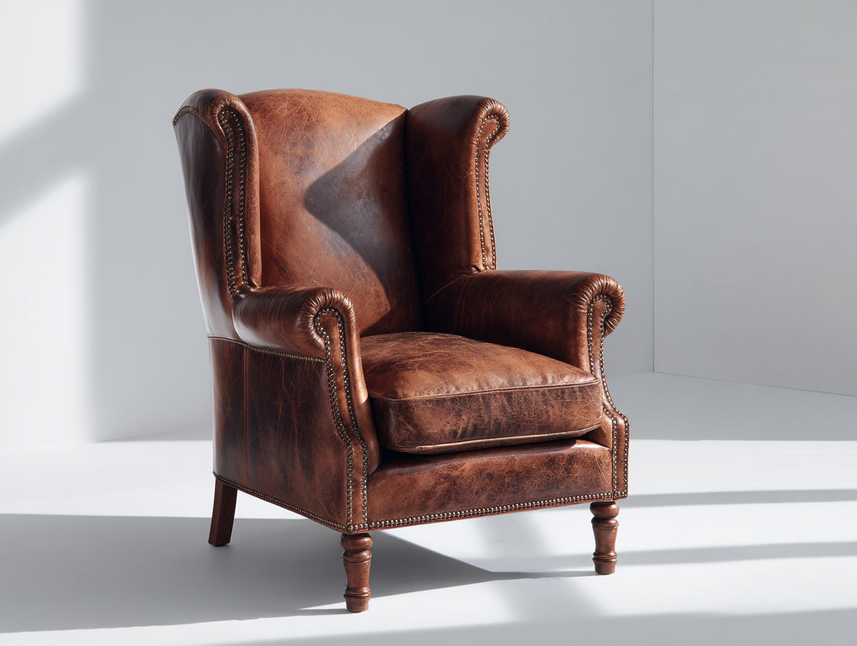 Ledersessel mit hoher Rückenlehne 86x90x108 cm - Cognacbraun - klassisches Ohrensessel-Design