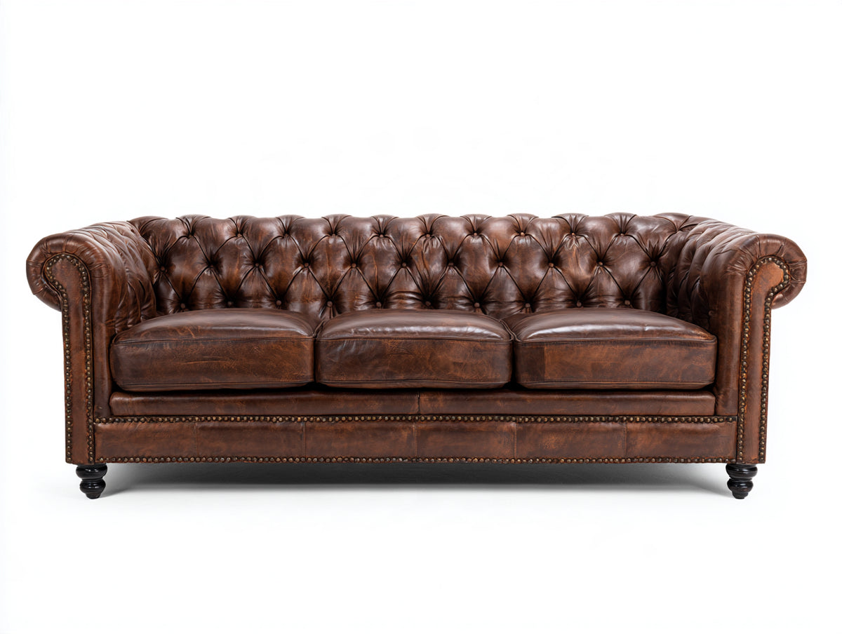 3 Sitzer Sofa Lederoptik ca. 225x95x78 cm - Dunkelbraun - Klassisches Chesterfield Design mit Knopfheftung und Ziernieten