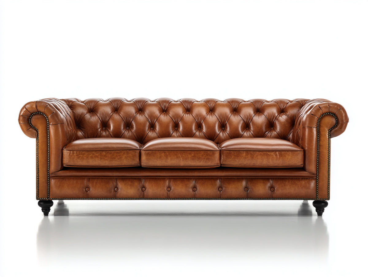 3 Sitzer Sofa aus Leder 225x92x78 cm - Cognacbraun - Chesterfield-Stil mit Knopfheftung