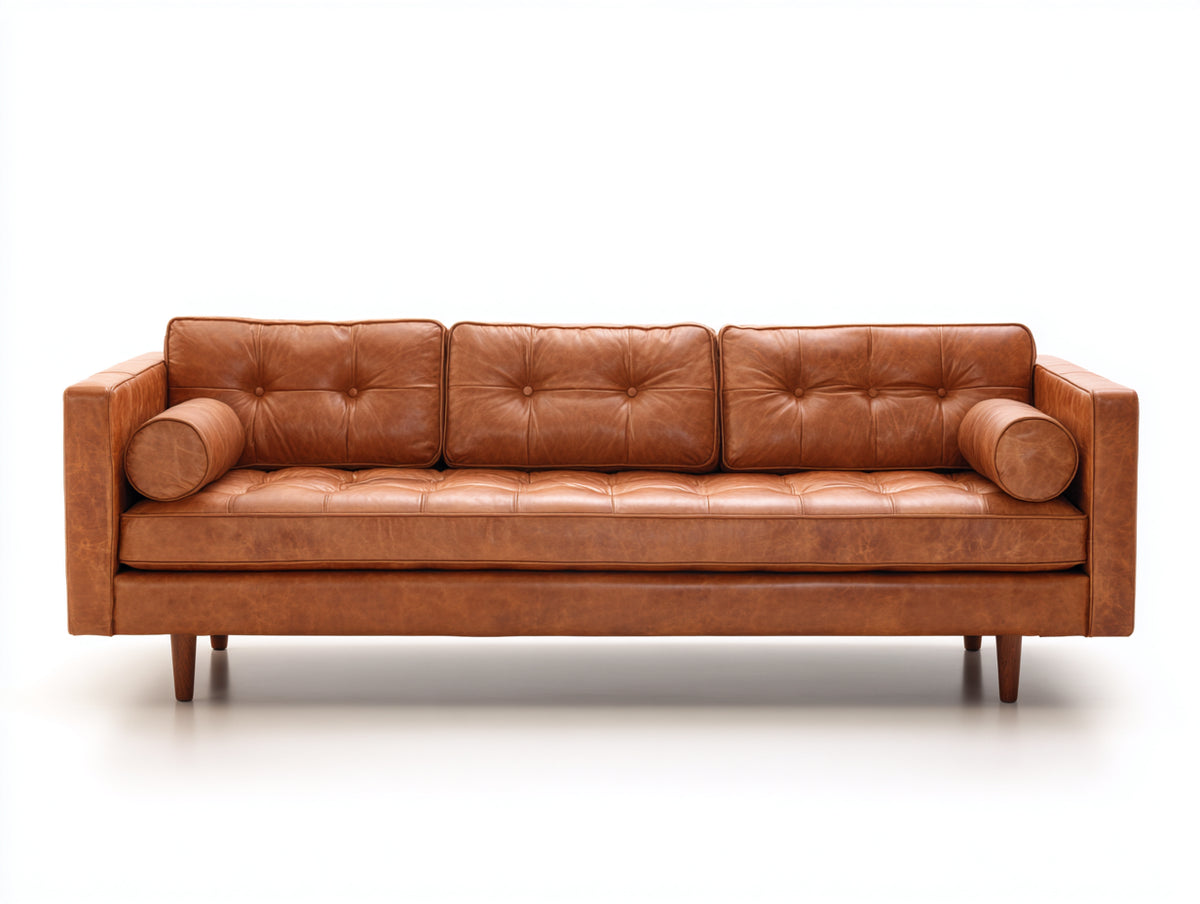 3 Sitzer Sofa aus Leder 220x88x82 cm - Cognacbraun - Modernes Design mit Knopfheftung