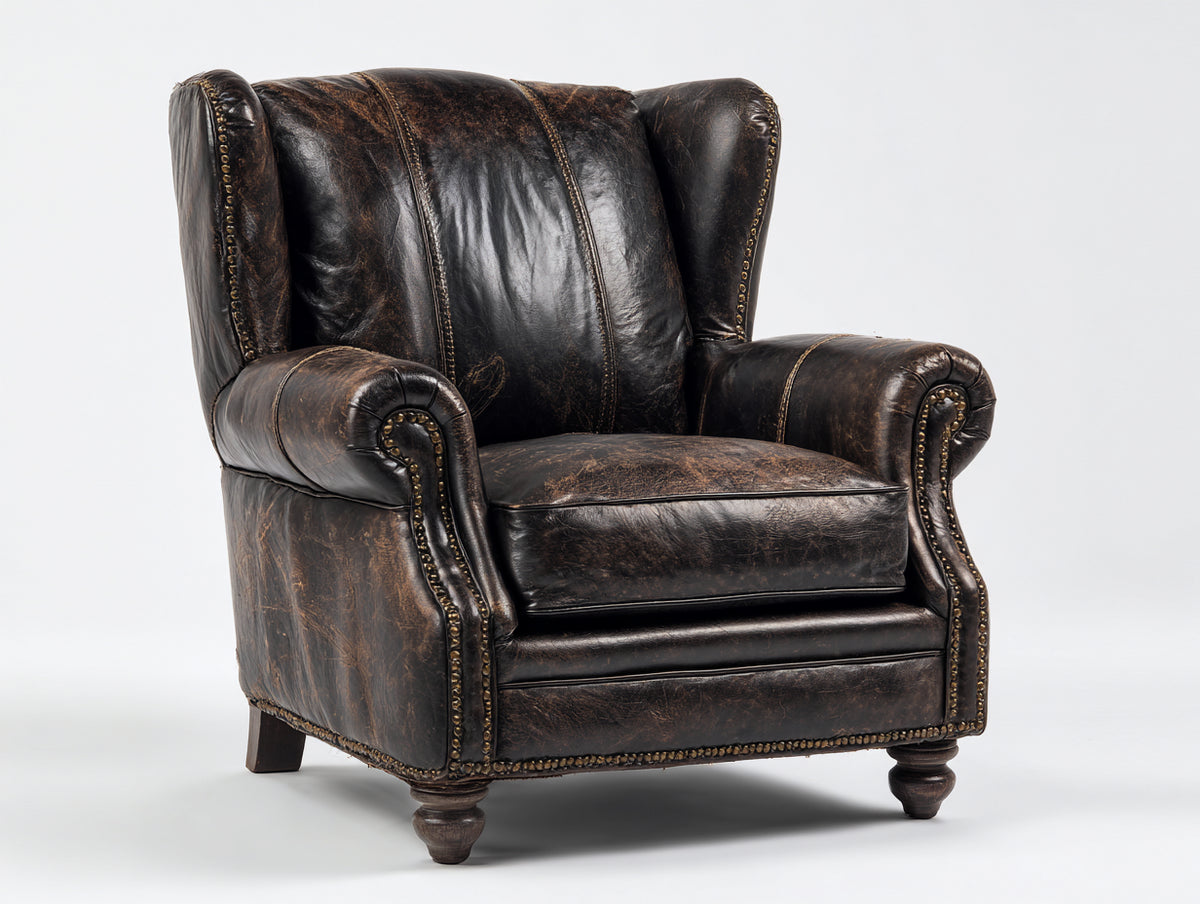 Ledersessel gepolstert 90x92x105 cm - Dunkelbraun - klassischer Ohrensessel mit hoher Rückenlehne und Ziernieten