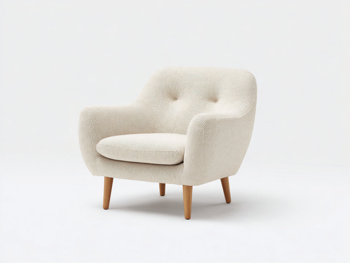 Stoffsessel aus Strukturstoff 80x76x82 cm - Cremeweiß - Modernes Design mit Knopfheftung und Holzbeinen