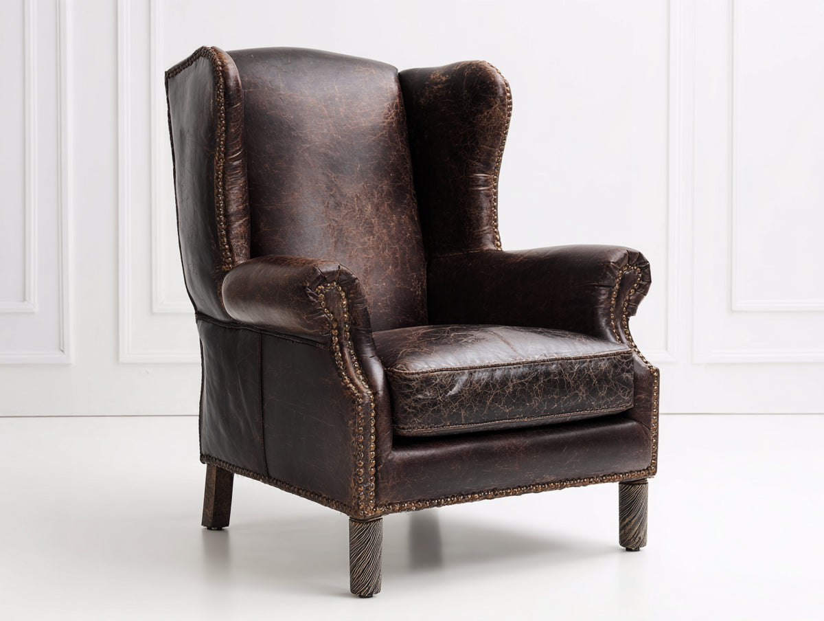 Ledersessel mit hoher Rückenlehne 88x92x110 cm - Dunkelbraun - klassisches Ohrensessel-Design